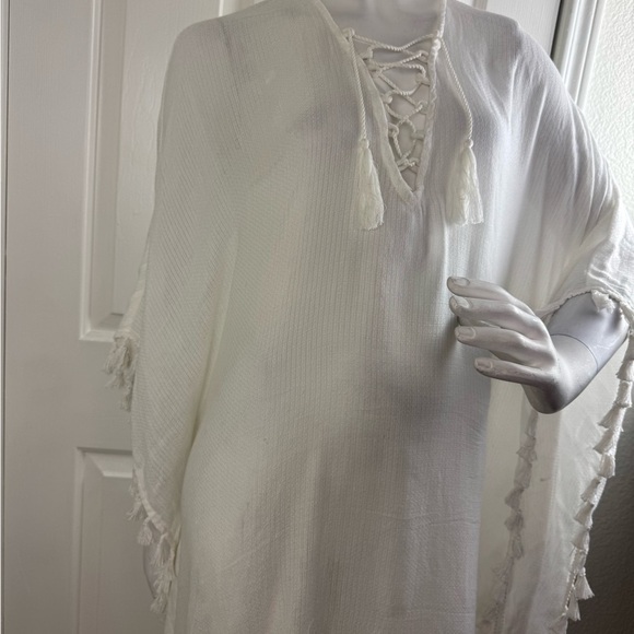 Walter Baker Cover Up One Size White Acapulco Kaftan Maxi Dress Tassels #186 - Picture 7 of 14